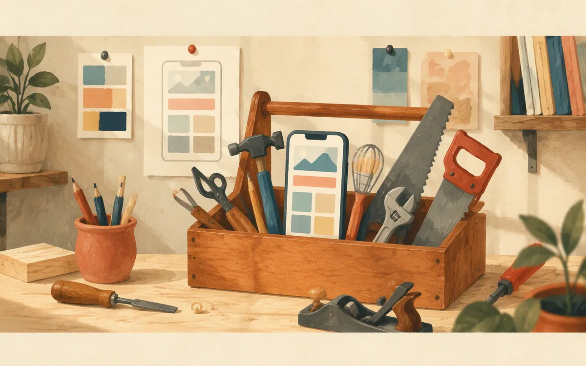 Toolbox with mismatched tools next to a phone-shaped cutout