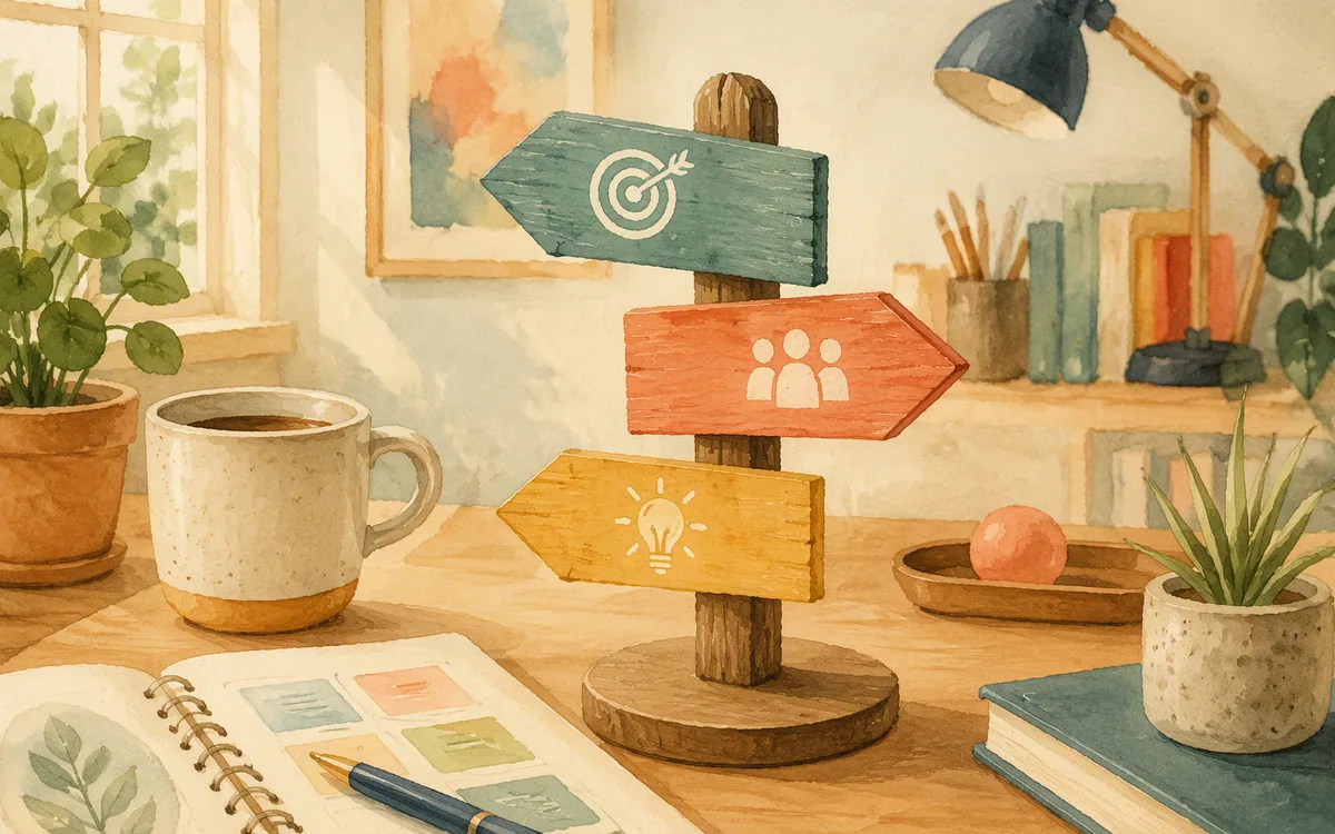 Small desk signpost with three arms pointing to different objects