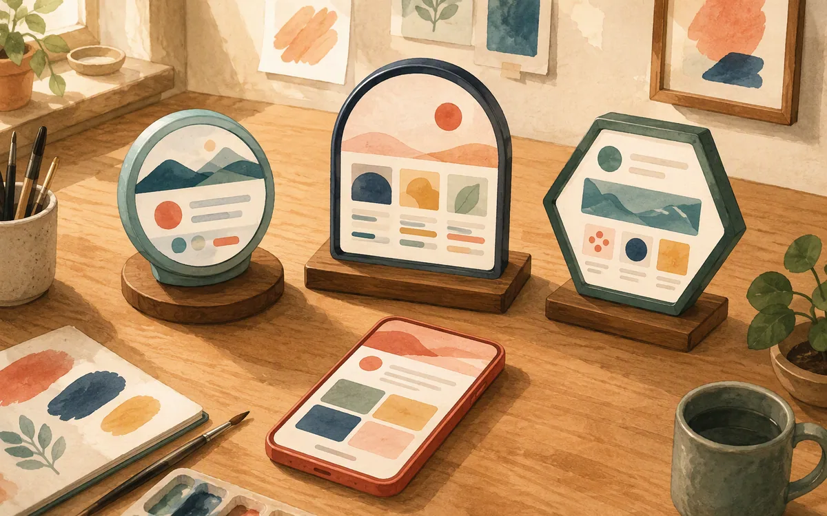 Three mismatched display stands on a bench with a phone-shaped object resting apart from them