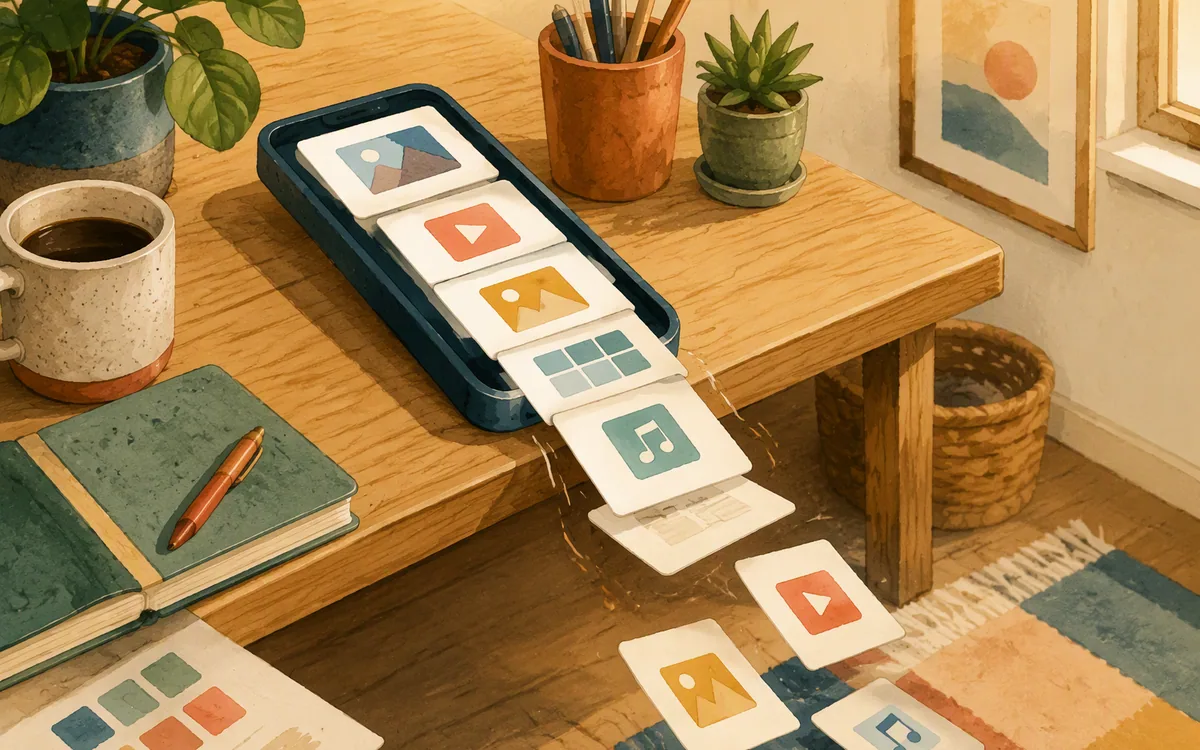 Exported files sliding off a narrow phone-shaped tray