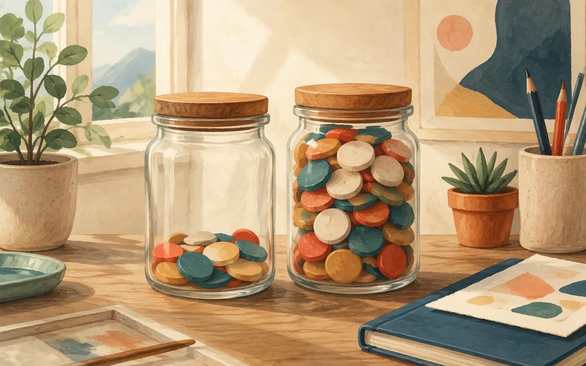 A half-empty jar of tokens beside a full jar