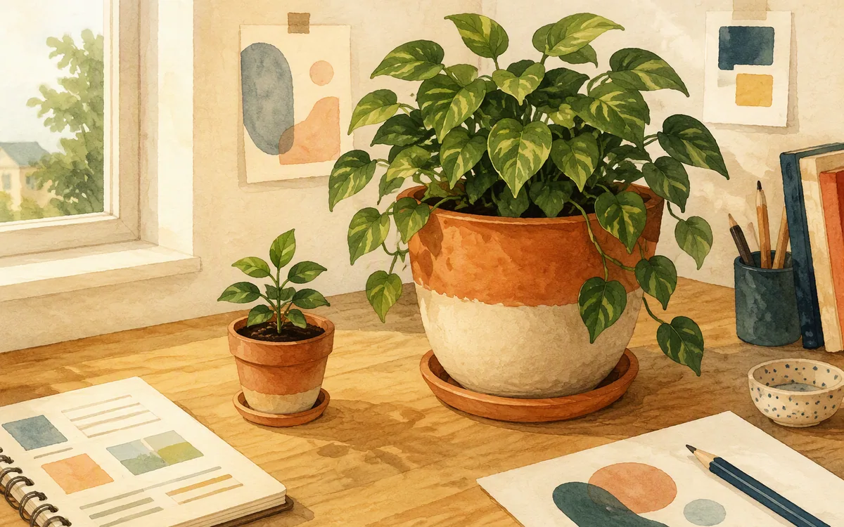 A small plant beside a larger plant on a windowsill