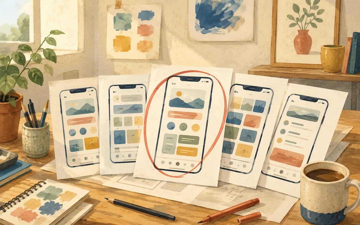 Desk with several similar mobile app screen printouts, one marked with a red circle