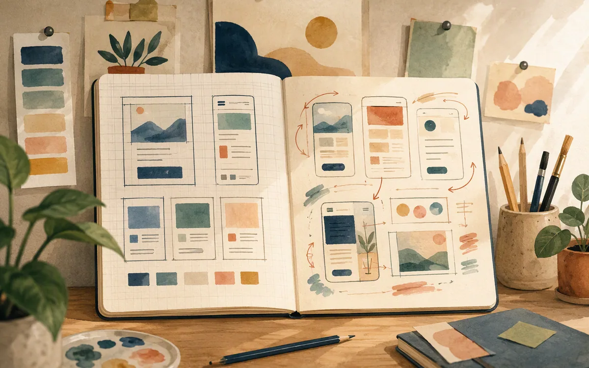 Two notebooks showing different sketching styles for app screens