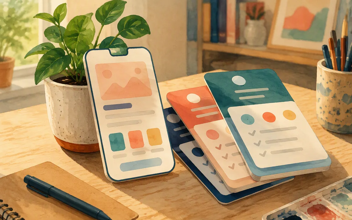 Desk still life with a phone-shaped paper template and stacked pricing cards