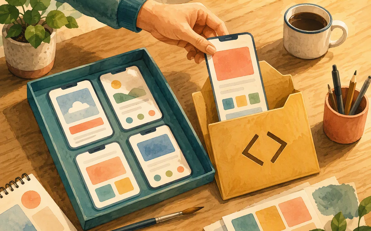 A phone-shaped mockup being lifted from a tray into a folder marked with a simple bracket icon