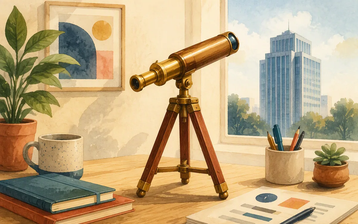 Illustration of a telescope pointed toward a distant building