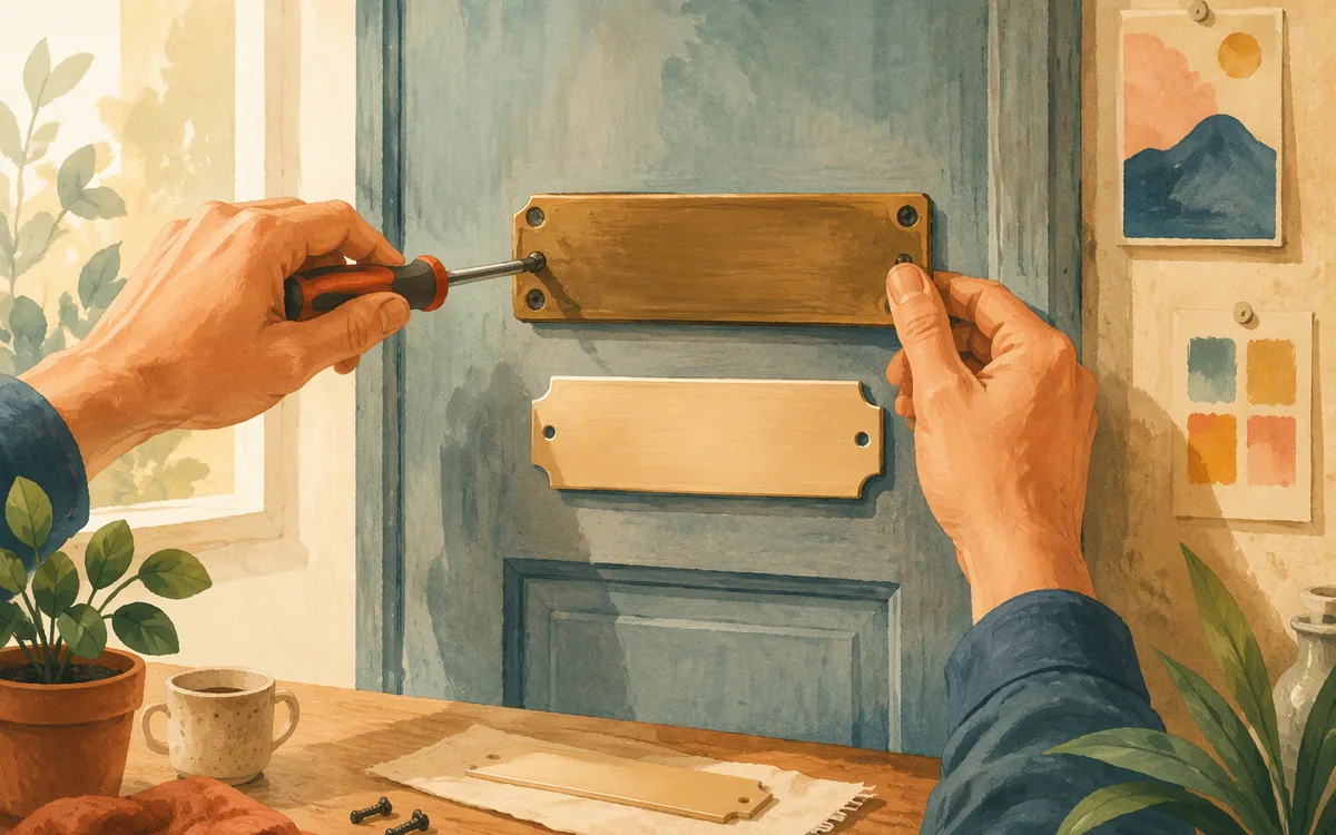 Illustration of a nameplate being removed from a door