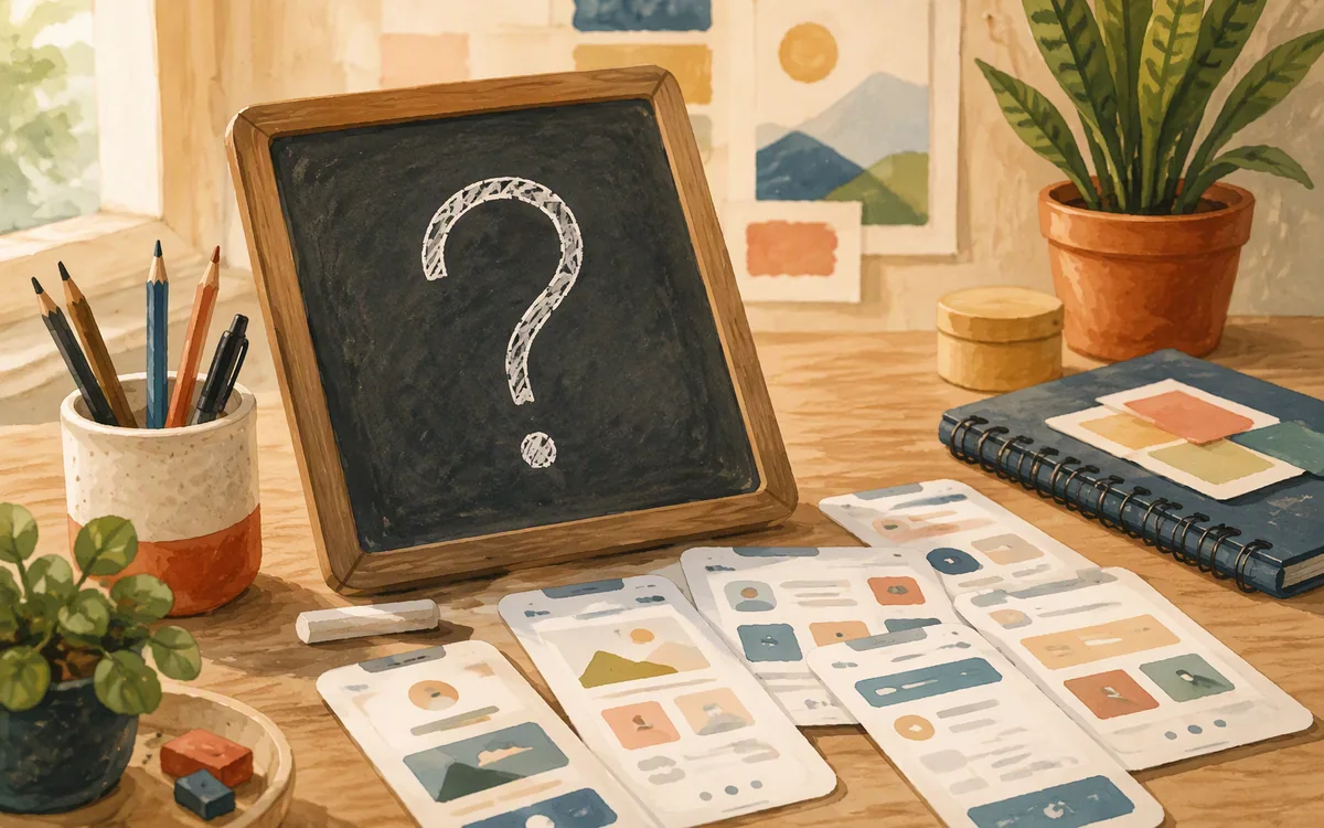 Illustration of phone sketches beside a chalk question mark on slate