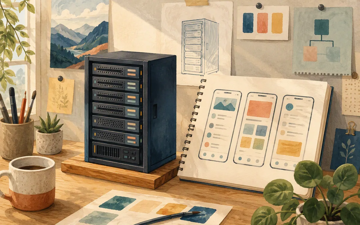 Small server rack model beside a sketchbook of app screens