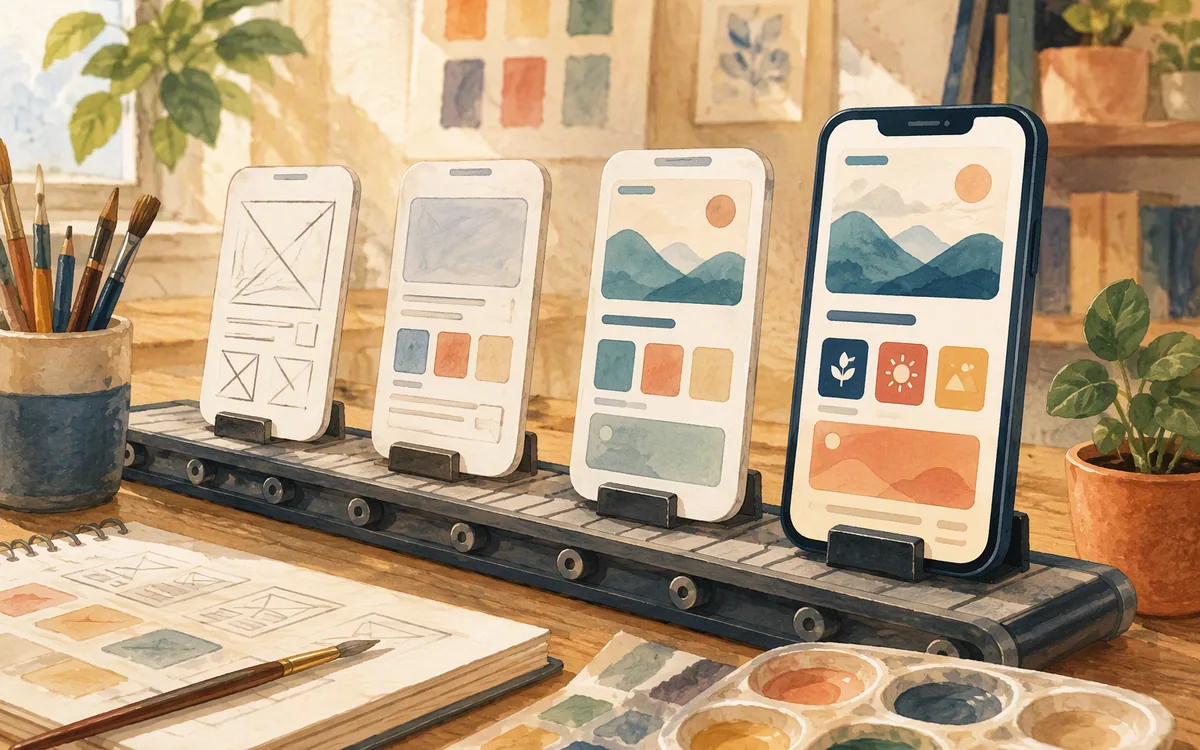 Assembly line of phone screens moving from sketch to polish