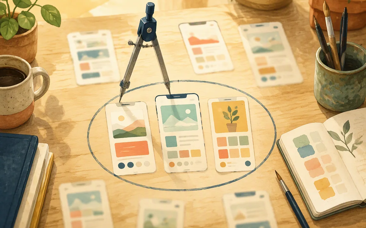 Drafting compass circling a cluster of sharp and blurry phone screen sketches