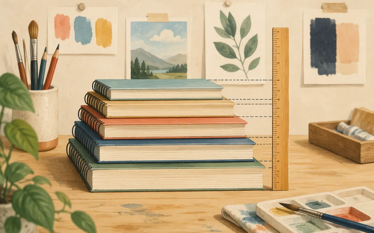 A ruler measuring a stack of sketchpads