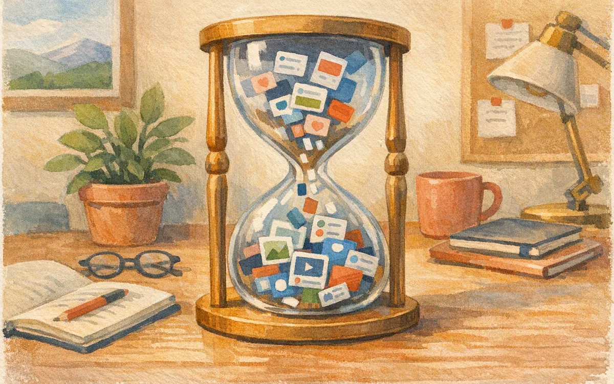 An hourglass with small screen shapes falling like sand