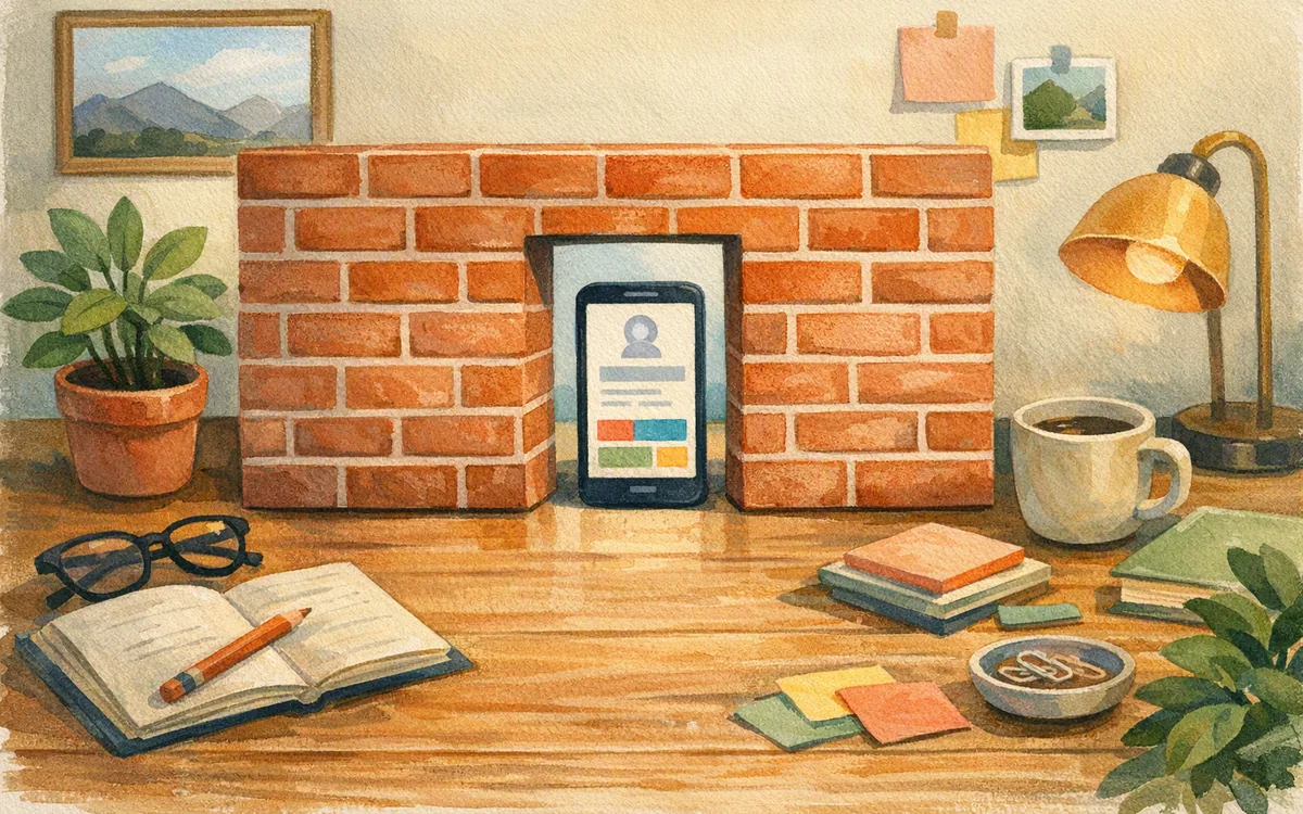 A doorway cut through a brick wall with a screen mockup beyond it