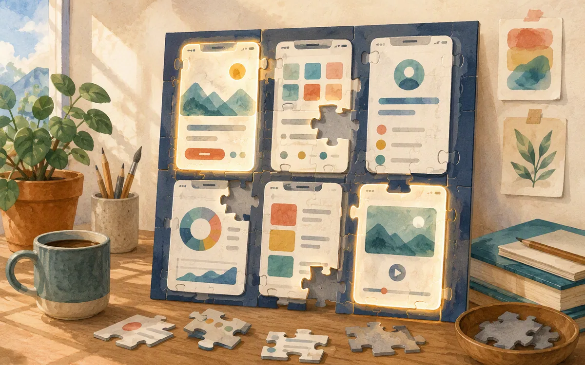 Incomplete puzzle of mobile app screens representing gaps in AI-generated design