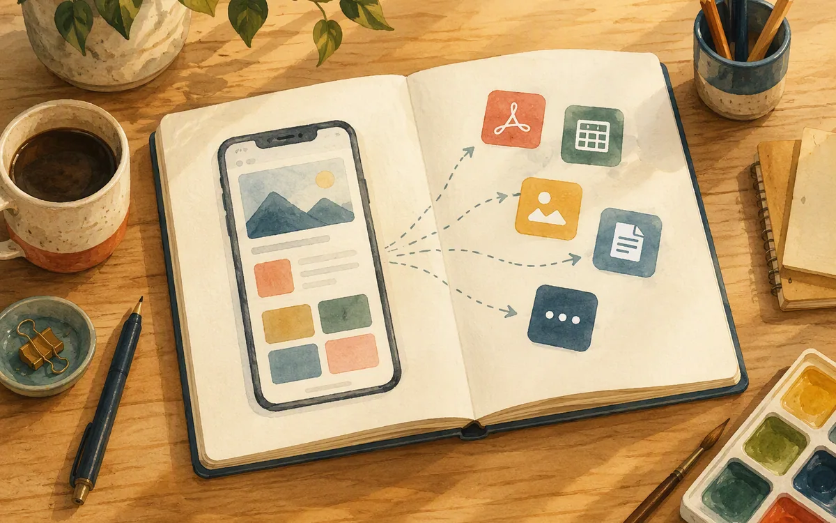 Notebook with a sketched phone screen and scattered export shapes drifting off the page