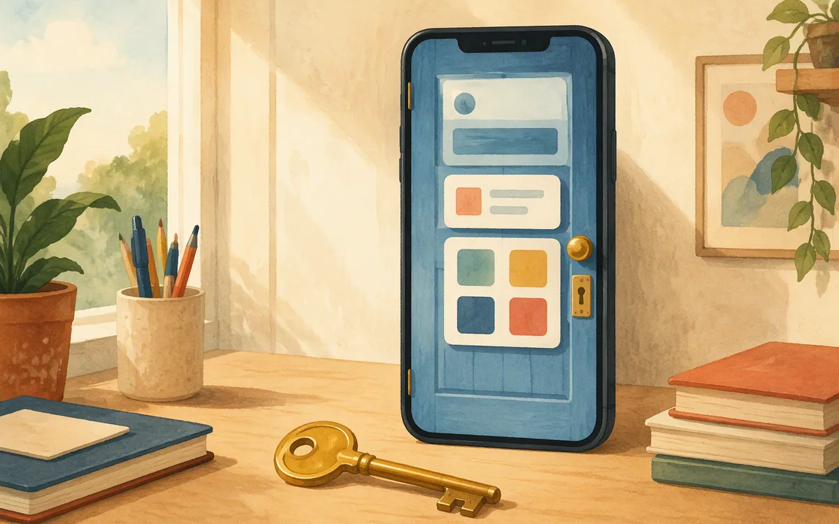 A key beside a phone-shaped door
