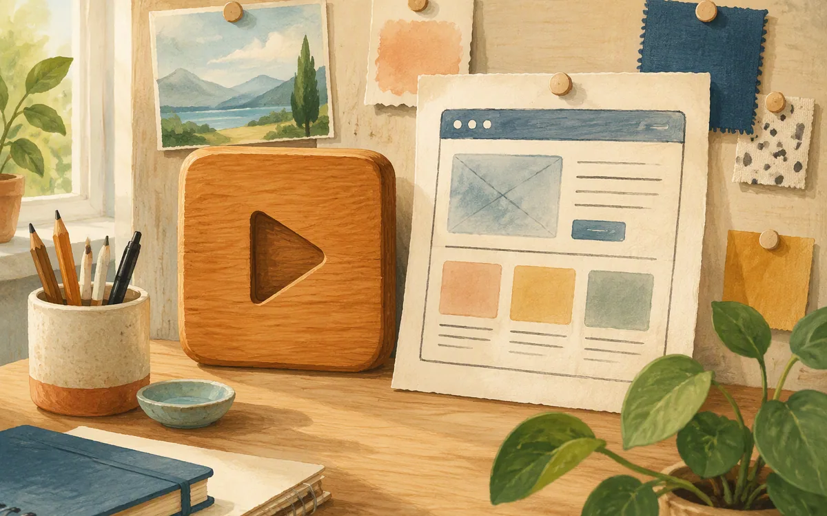 Wooden play button beside a browser sketch