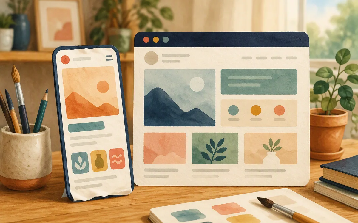 Phone-shaped and browser-shaped cards side by side