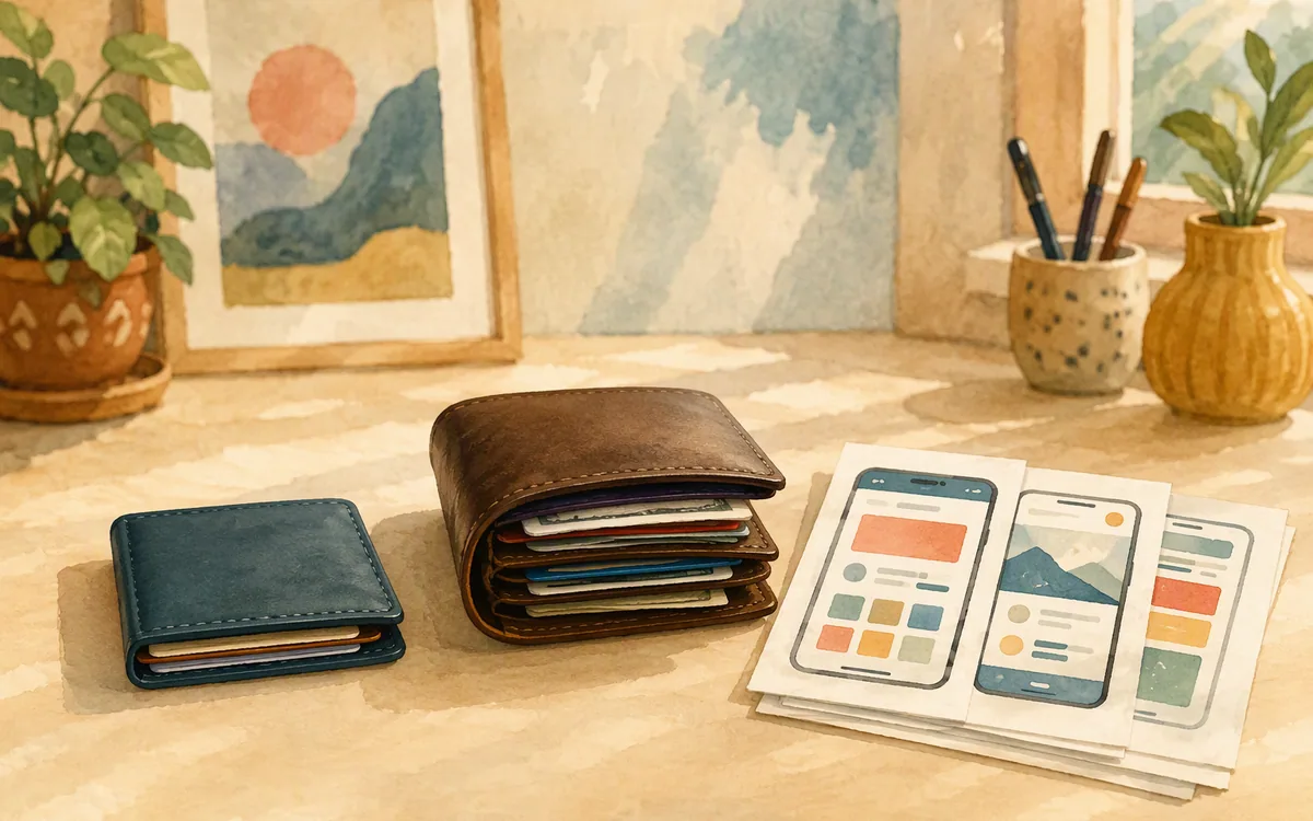 Two wallets of different thickness beside sketched mobile app screens