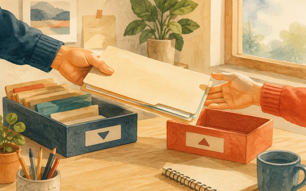 A folder moving between two trays on a desk