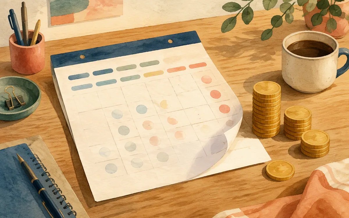 Curling calendar page beside a small stack of coins