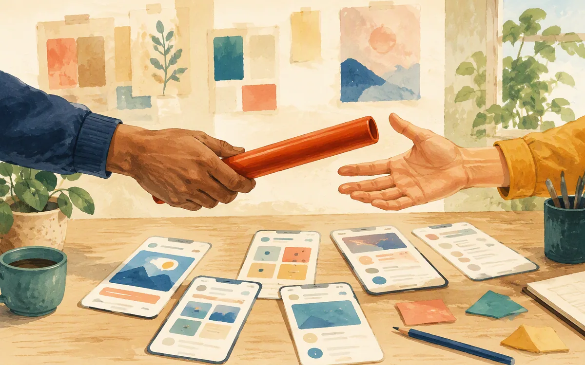 A baton passed between two hands over phone-shaped cutouts