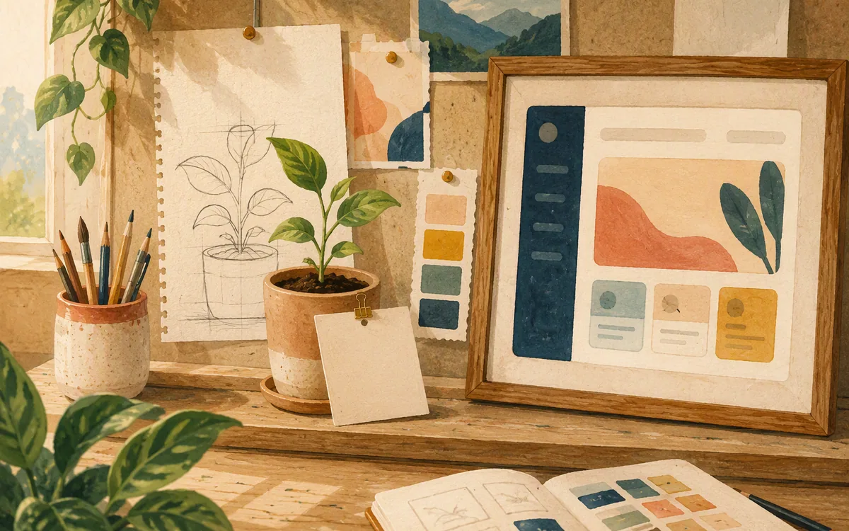 A plant growing from a sketch beside a finished framed screen
