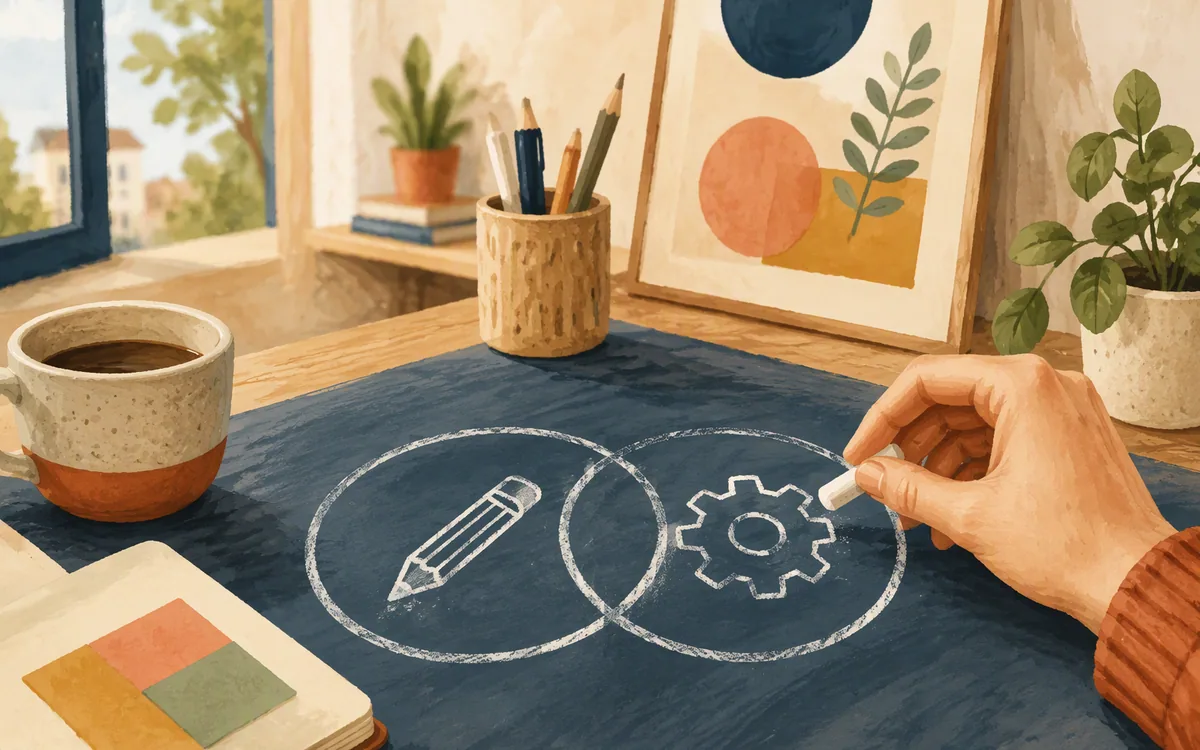 Two overlapping chalk circles holding a pencil and a gear