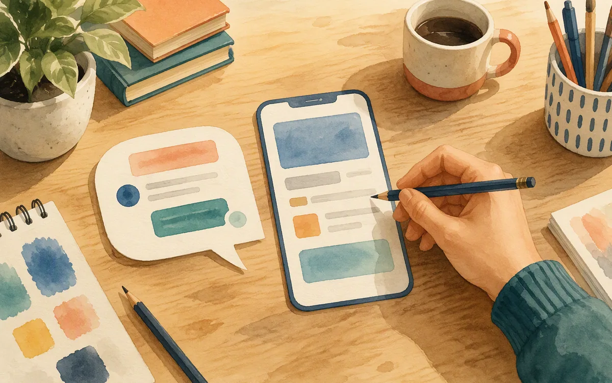 A paper speech bubble beside a hand holding a pencil over a phone-shaped card