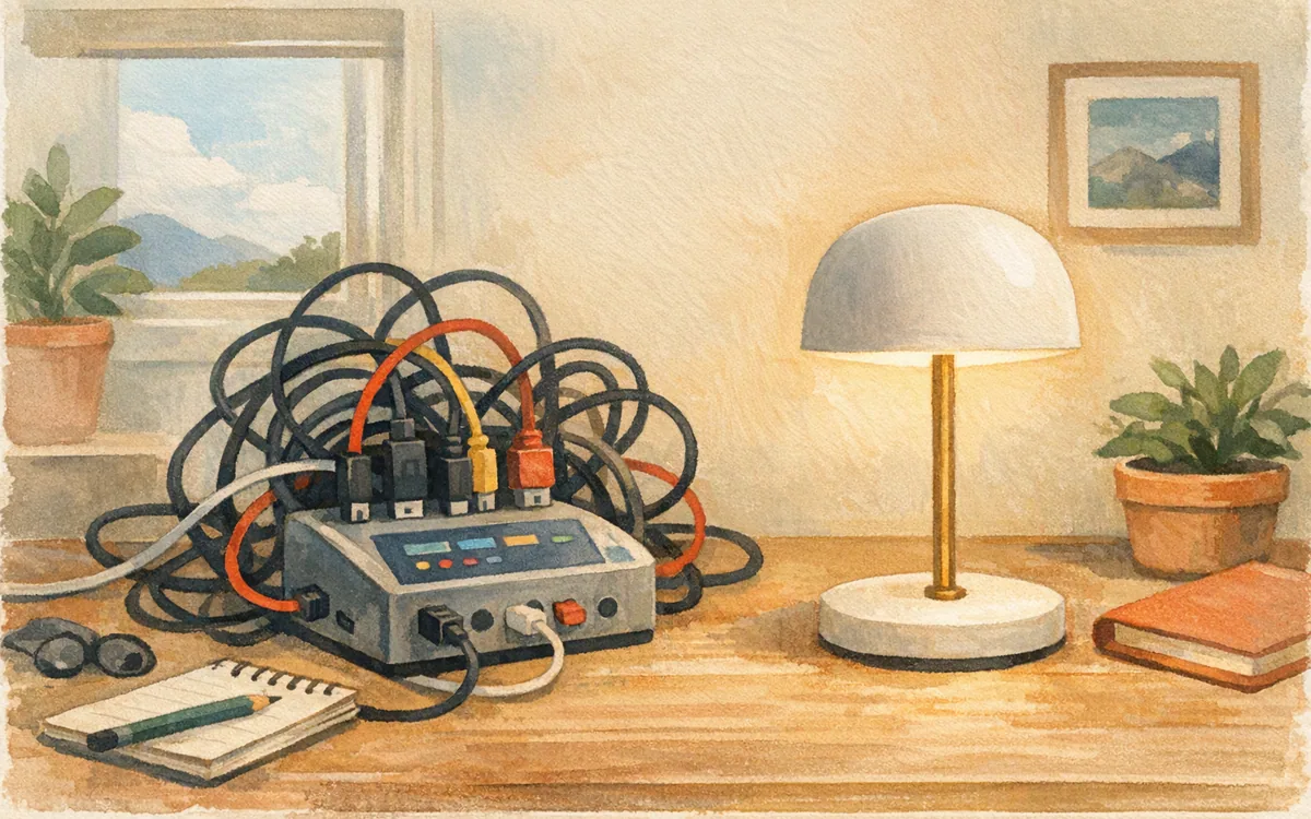 Cables plugged into a control box beside a standalone lamp