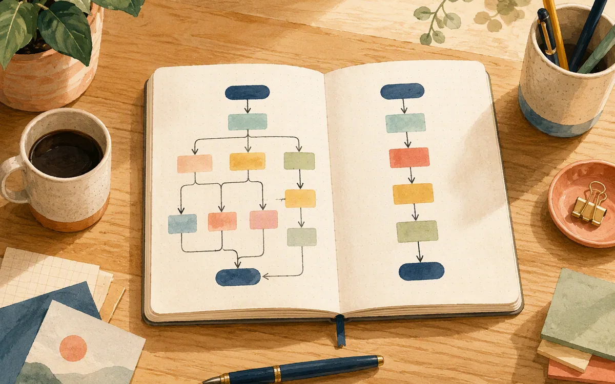 An open notebook showing two hand-drawn flowcharts, one branching and one linear