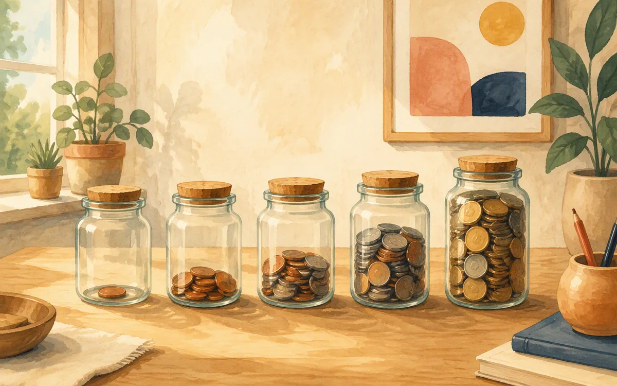 A row of jars containing different amounts of coins