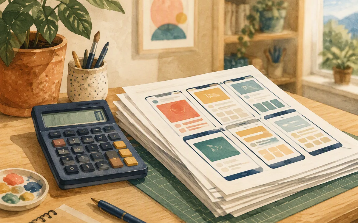 A calculator next to a small stack of printed app screens