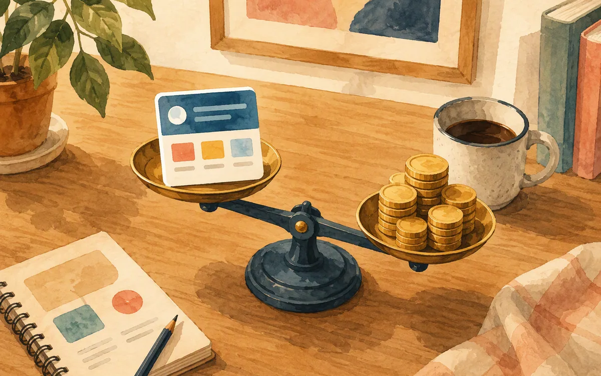 A balance scale weighing coins against a single screen tile