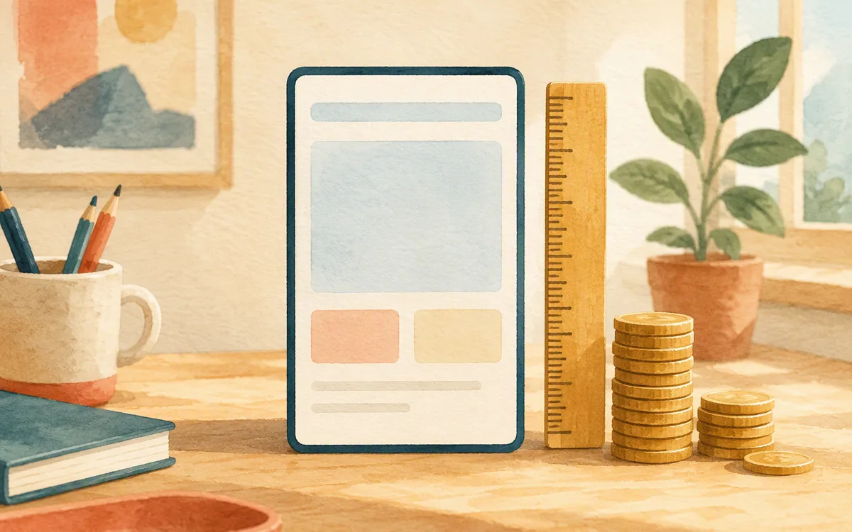 Coins and a ruler beside a blank screen card representing cost per screen