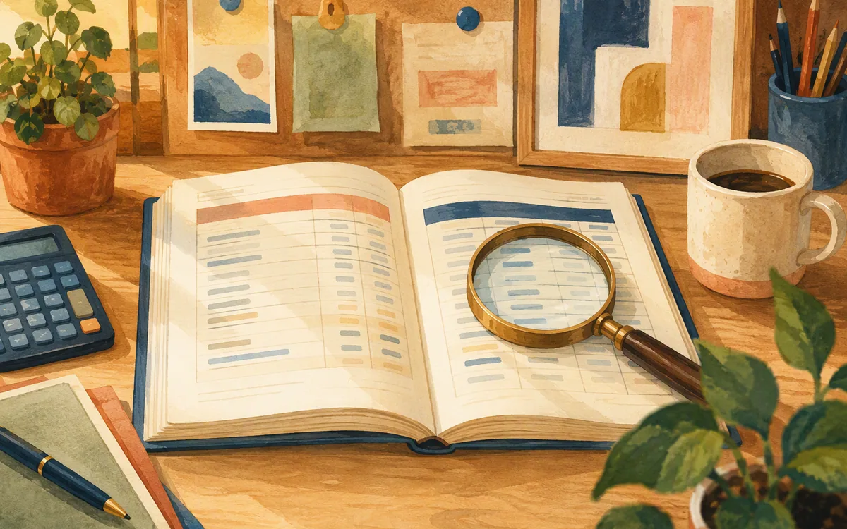 Ledger book with magnifying glass over itemized costs