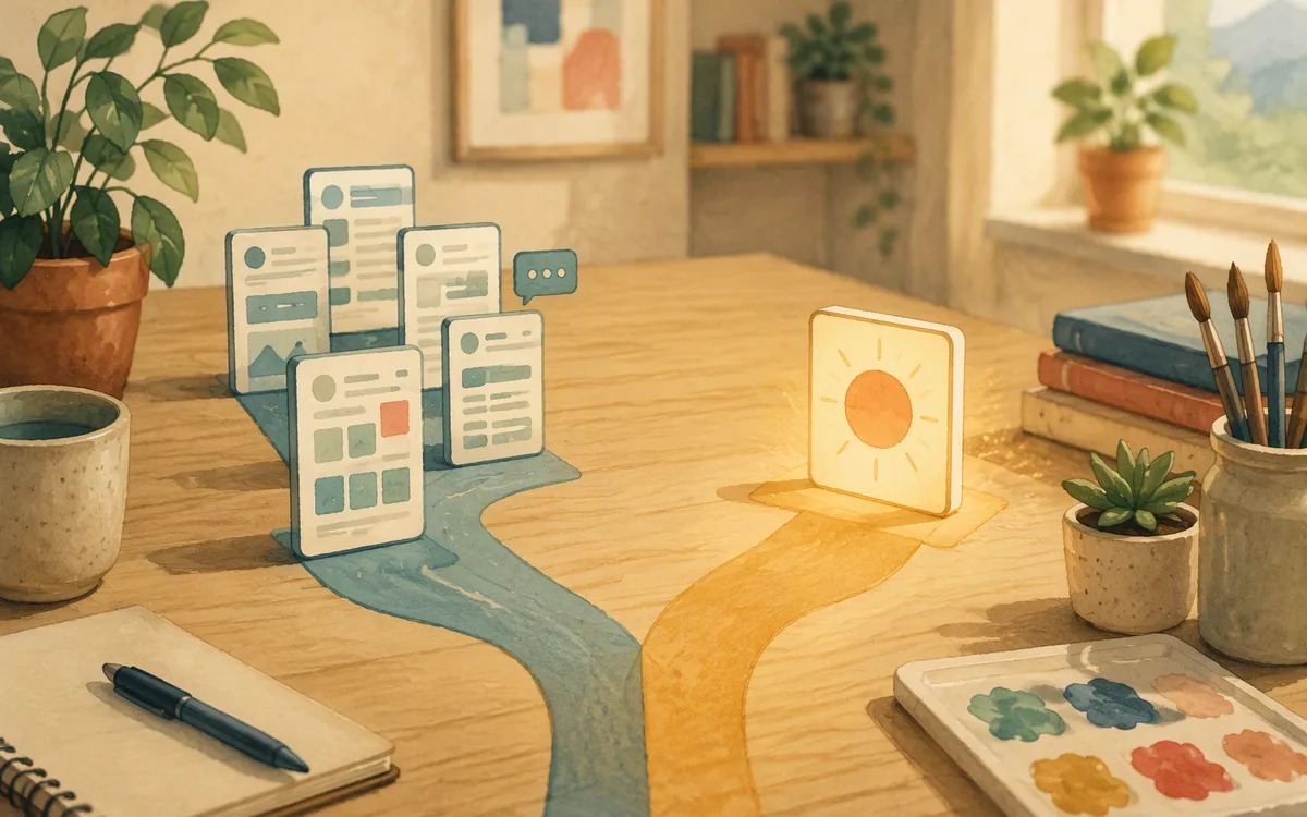 Two diverging paths made of paper screens and a glowing tile