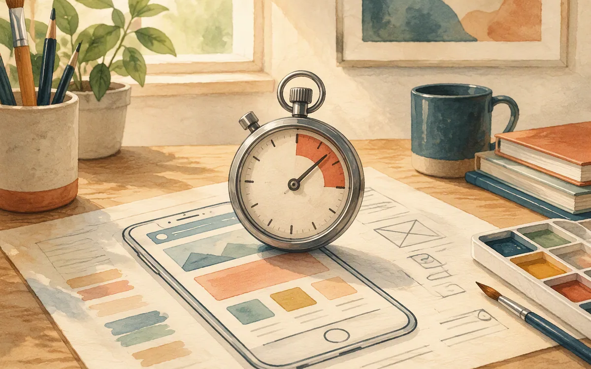 A stopwatch resting on a rough phone screen sketch