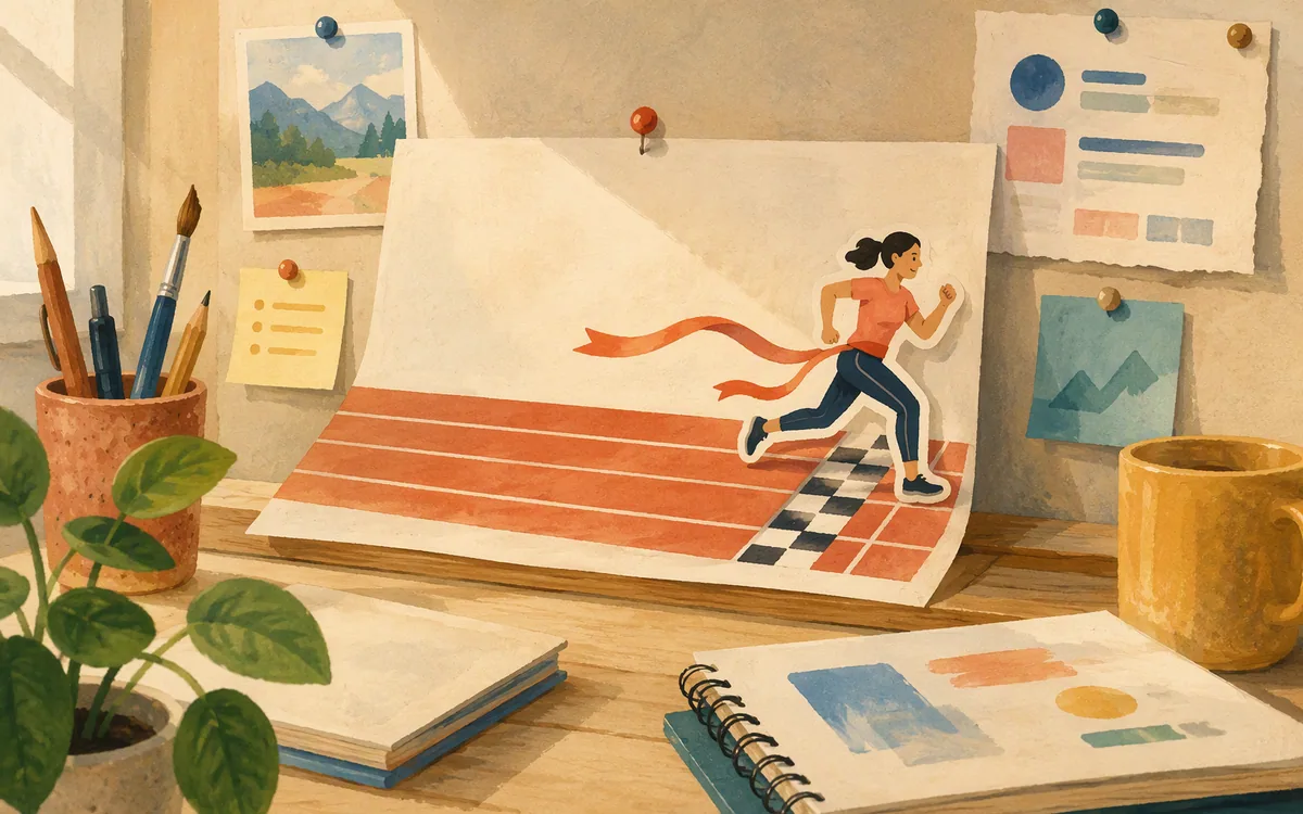 A paper sprint track with a runner cutout near the finish