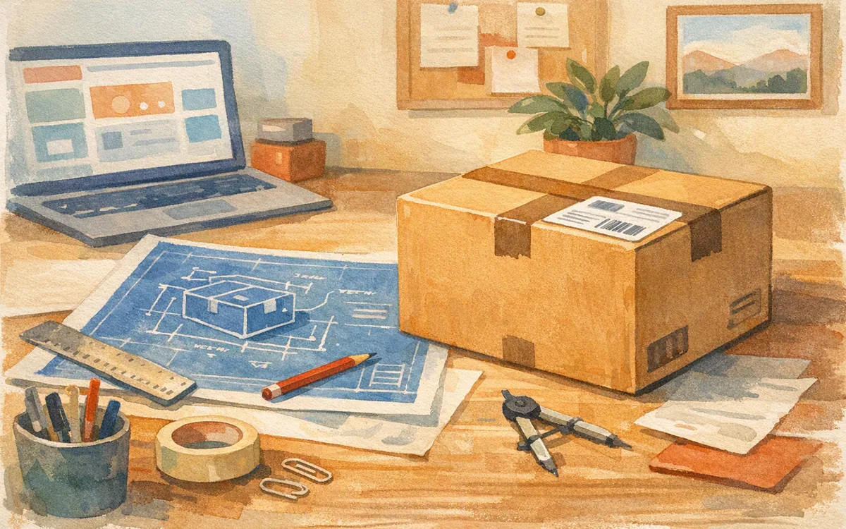 A half-finished blueprint beside a sealed shipping box