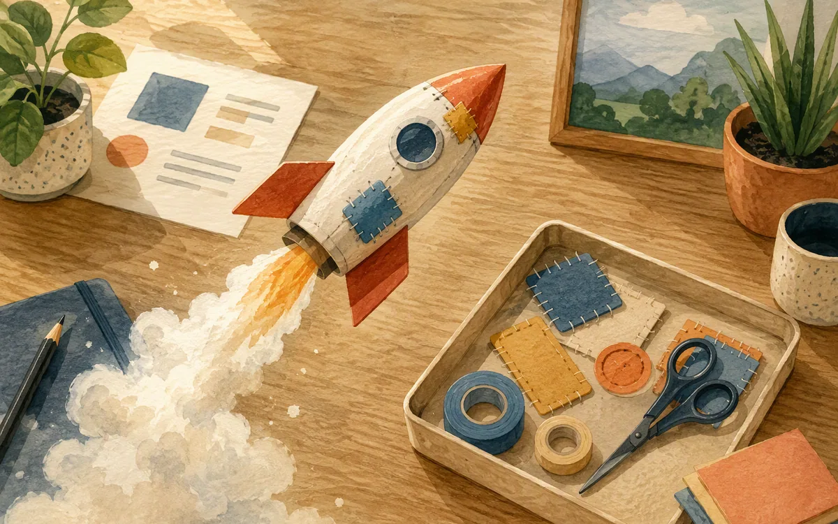 A small paper rocket in flight beside a patch kit and roll of tape