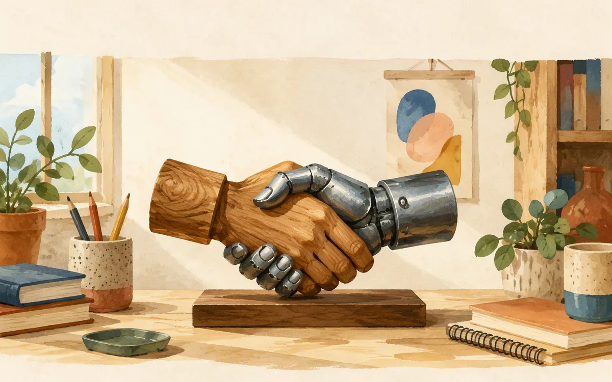 A handshake formed from two different materials on a desk