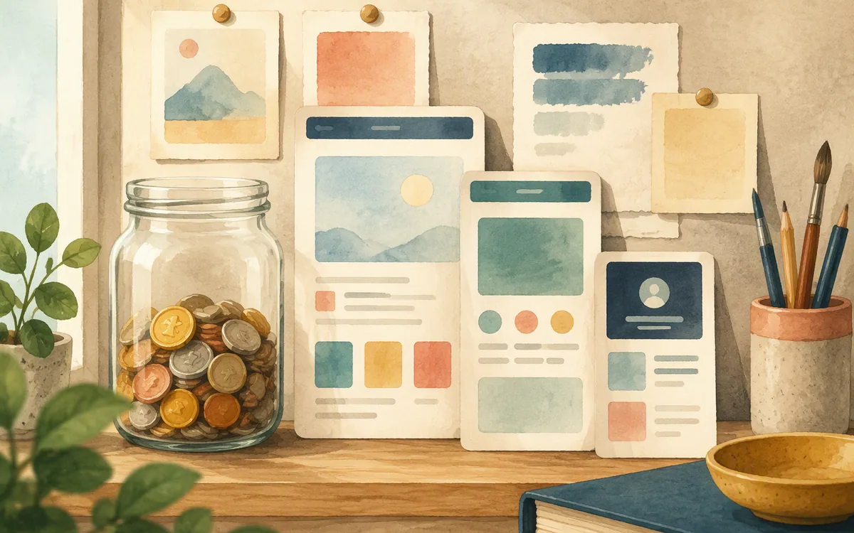 A coin jar beside a stack of mockup cards of varying heights