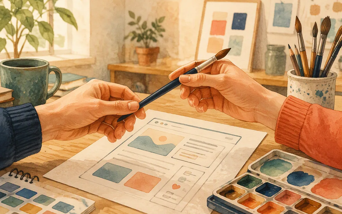 A paintbrush passed between two hands over a half-finished sketch