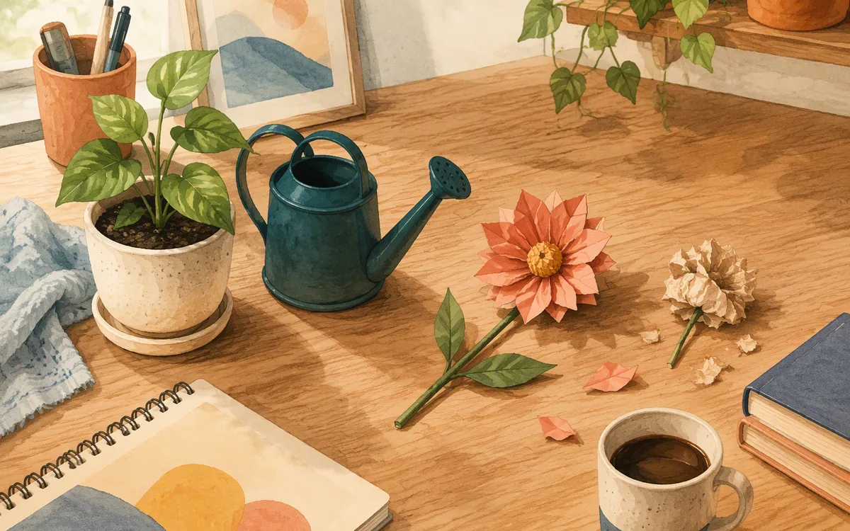 A potted plant needing regular watering beside a single-use paper flower