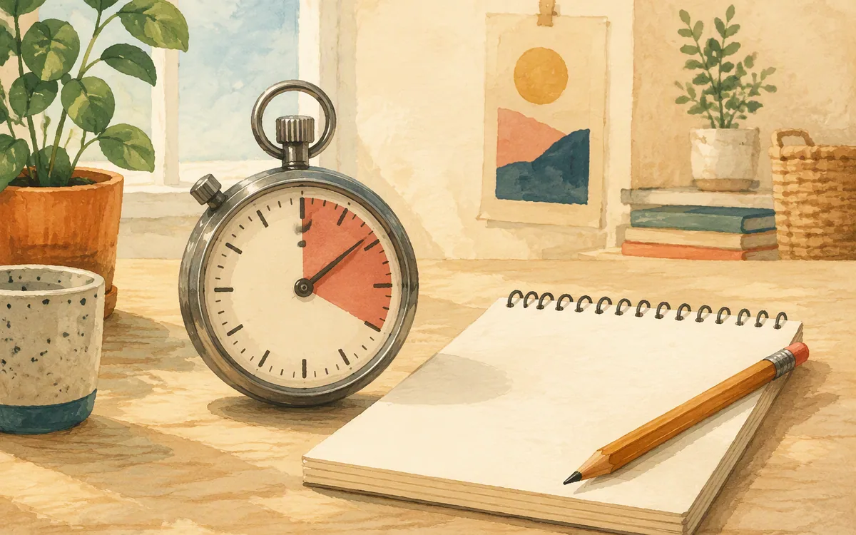 Stopwatch and blank notepad on a desk