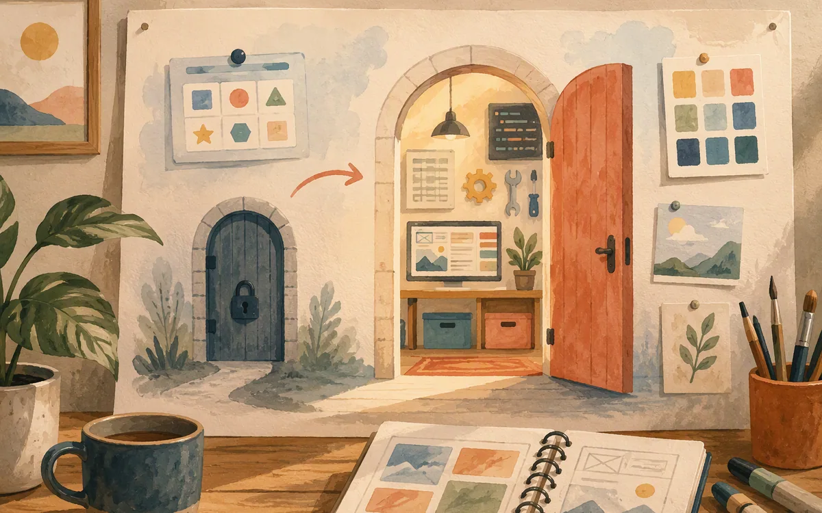 A small locked door beside an open door on a desk diorama