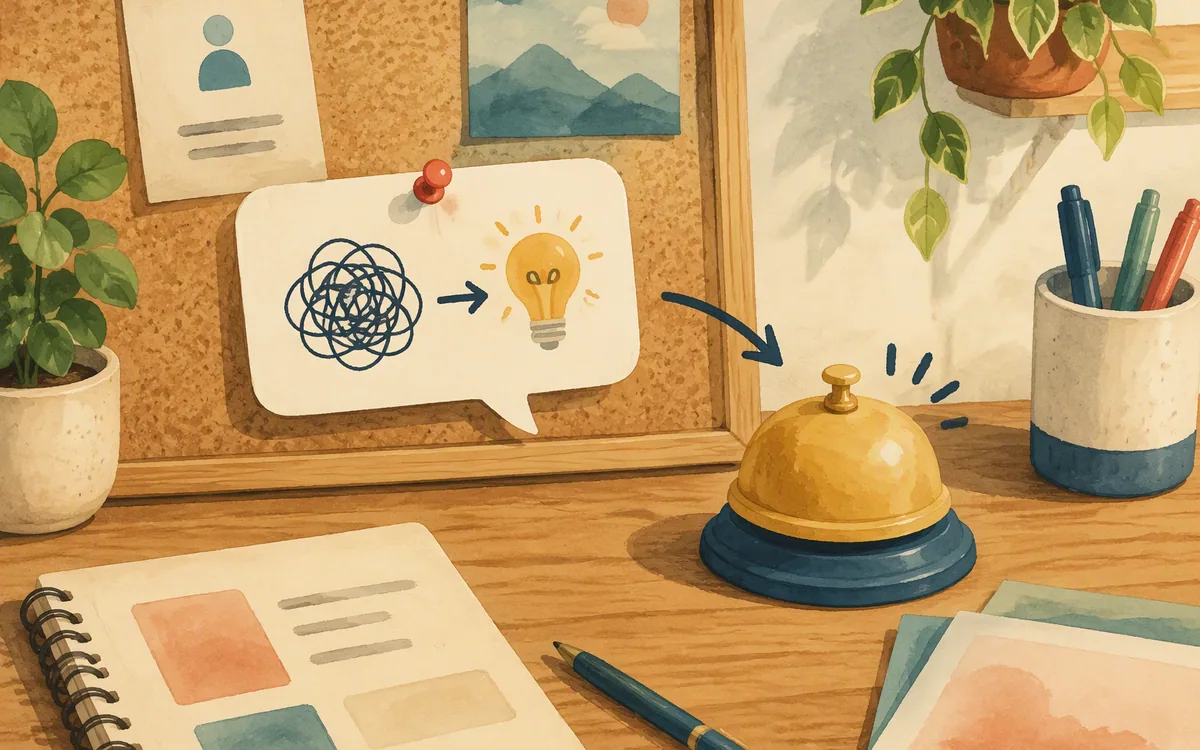 A speech-bubble card pinned to a corkboard beside a small helpdesk bell